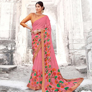 Ethnic Pink Coloured Partywear Printed Brasso Saree