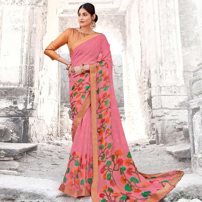 Ethnic Pink Coloured Partywear Printed Brasso Saree