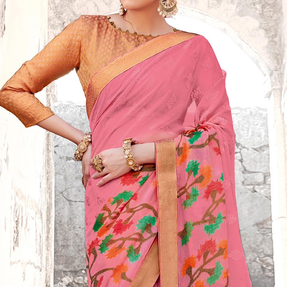 Ethnic Pink Coloured Partywear Printed Brasso Saree