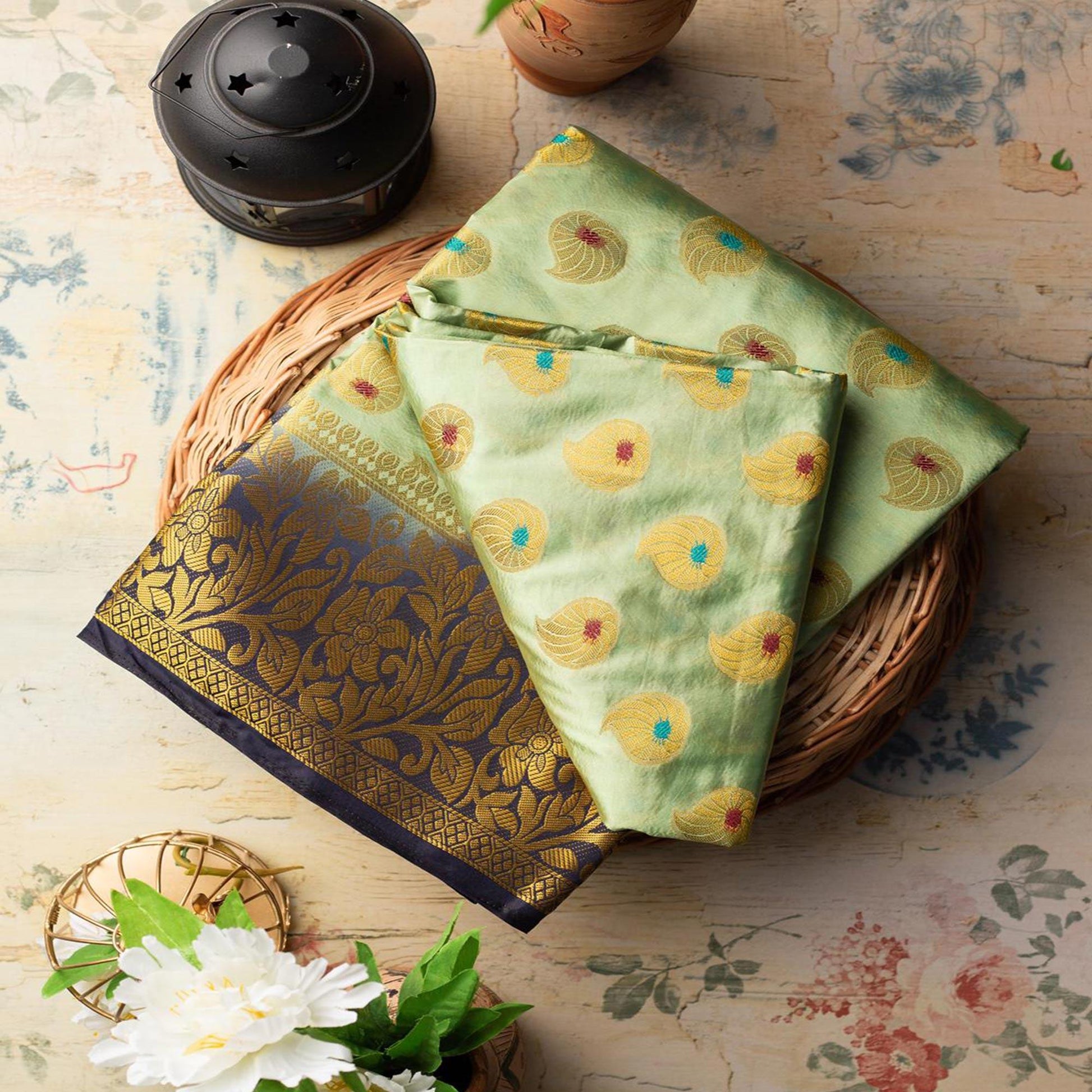 Ethnic Pista Green Colored Festive Wear Woven Art Silk Saree