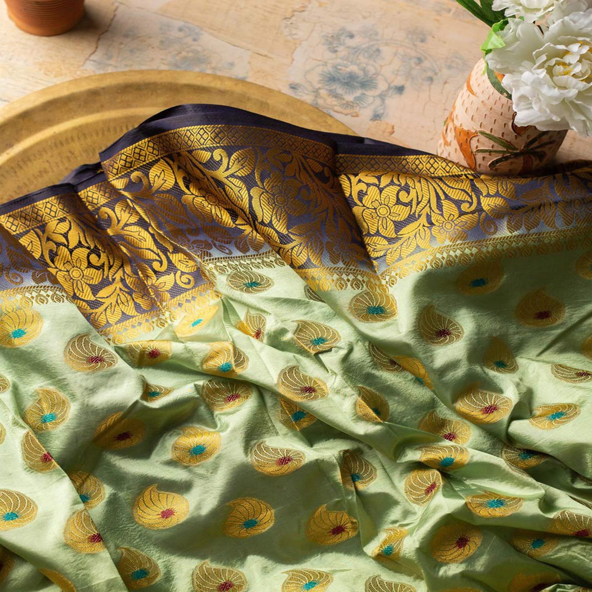 Ethnic Pista Green Colored Festive Wear Woven Art Silk Saree