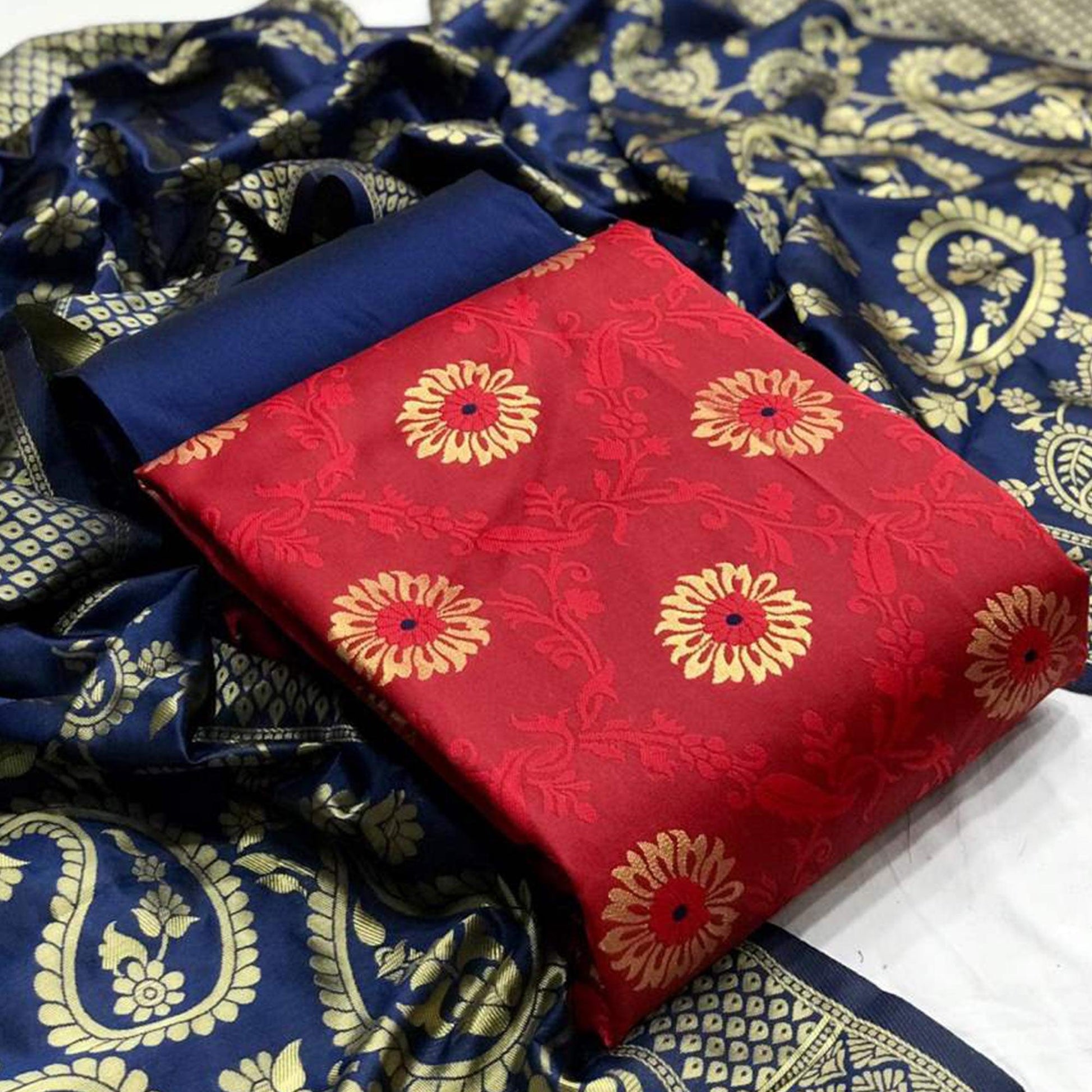 Ethnic Red Colored Casual Wear Banarasi Silk Dress Material