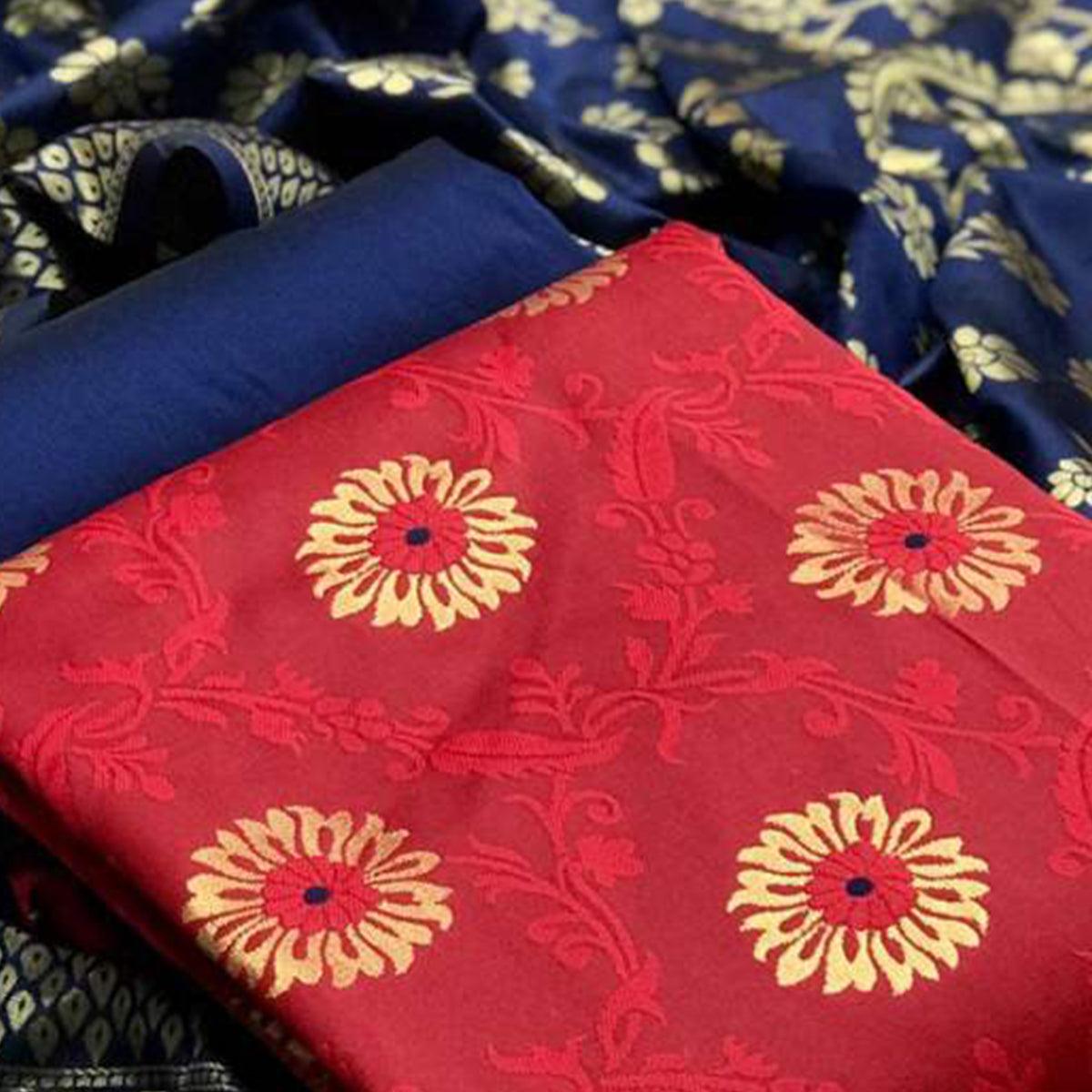 Ethnic Red Colored Casual Wear Banarasi Silk Dress Material