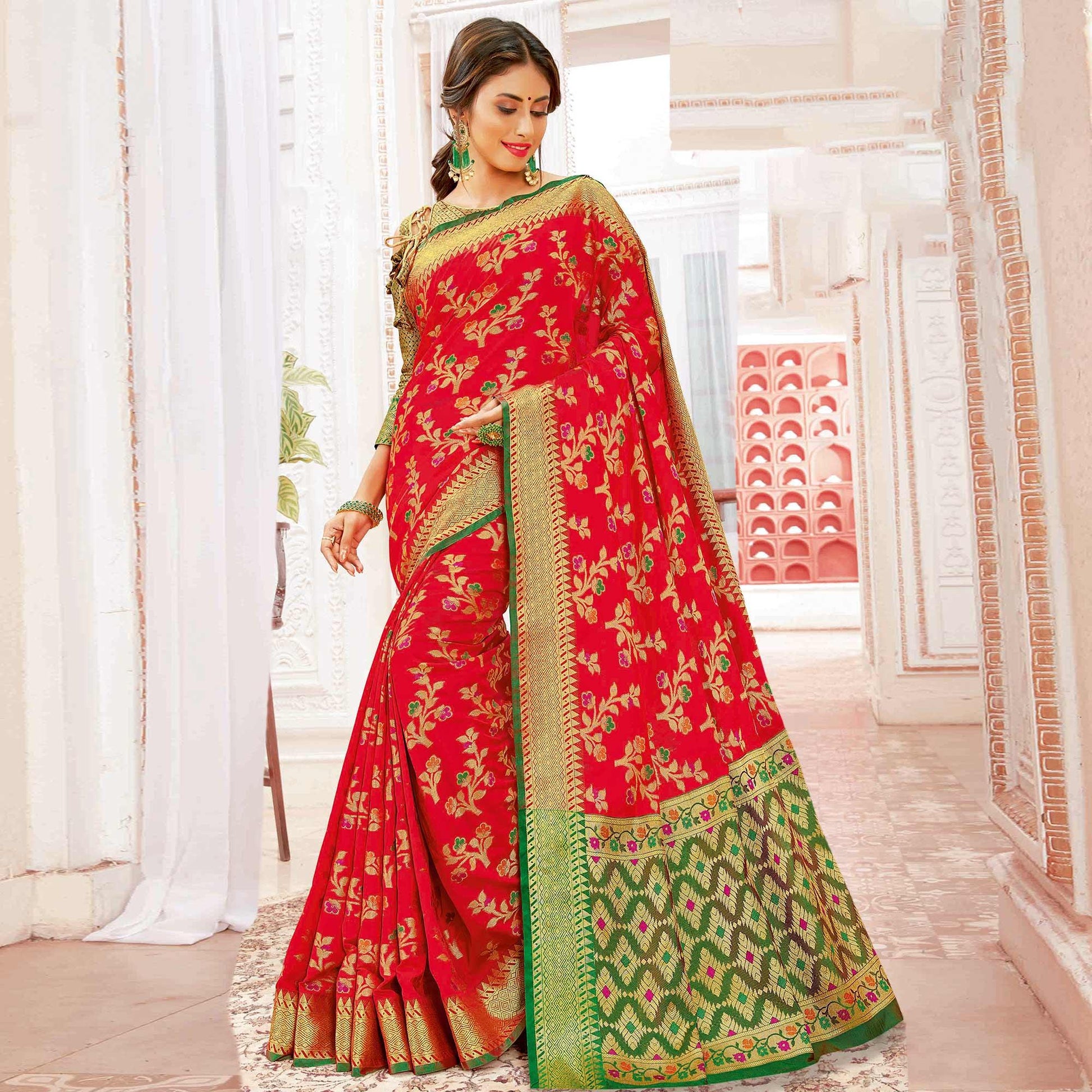 Ethnic Red Colored Festive Wear Woven Banarasi Silk Saree