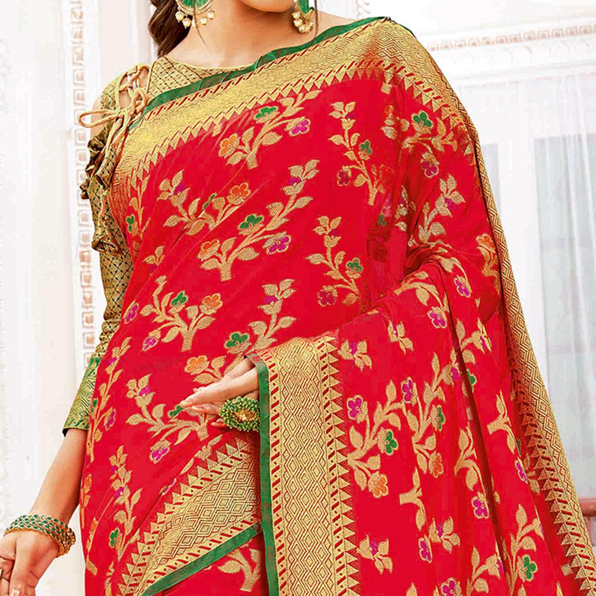 Ethnic Red Colored Festive Wear Woven Banarasi Silk Saree