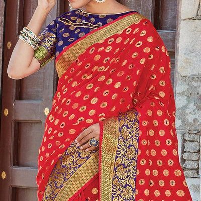 Ethnic Red Colored Festive Wear Woven Handloom Silk Sareee