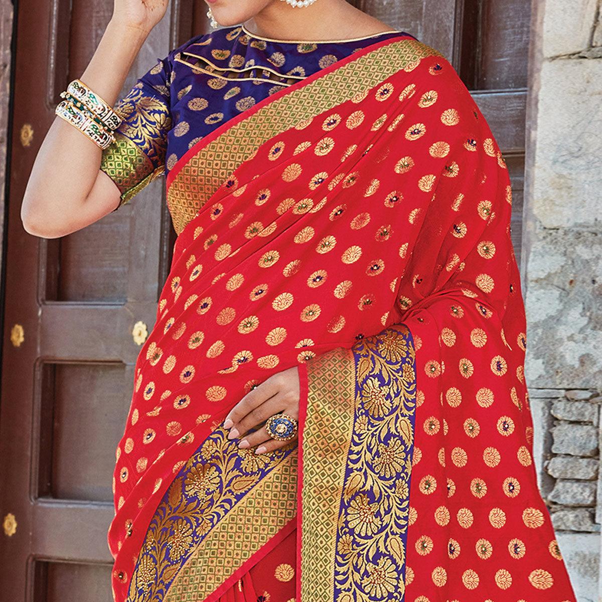 Ethnic Red Colored Festive Wear Woven Handloom Silk Sareee