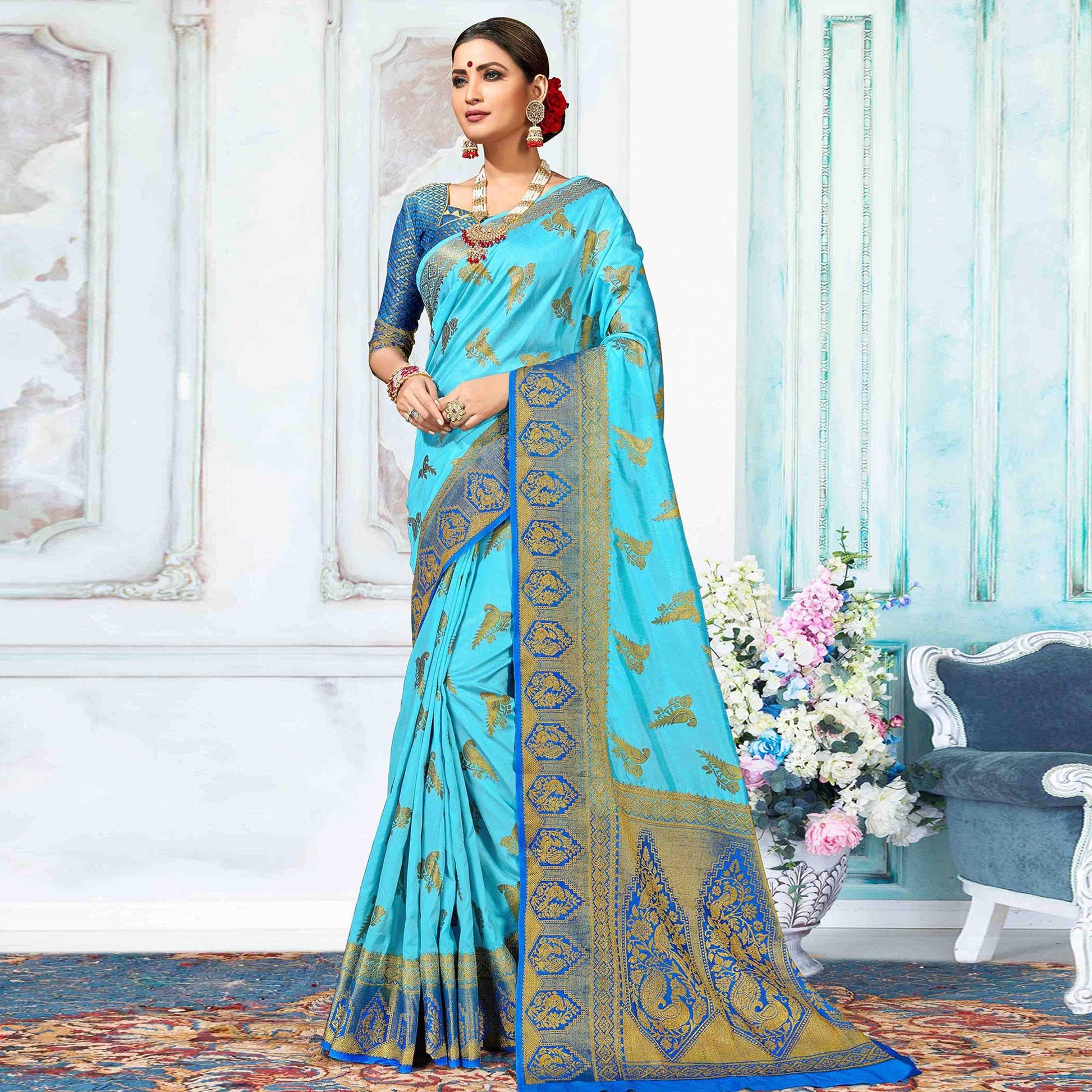 Ethnic Sky Blue Colored Festive Wear Woven Nylon Silk Saree