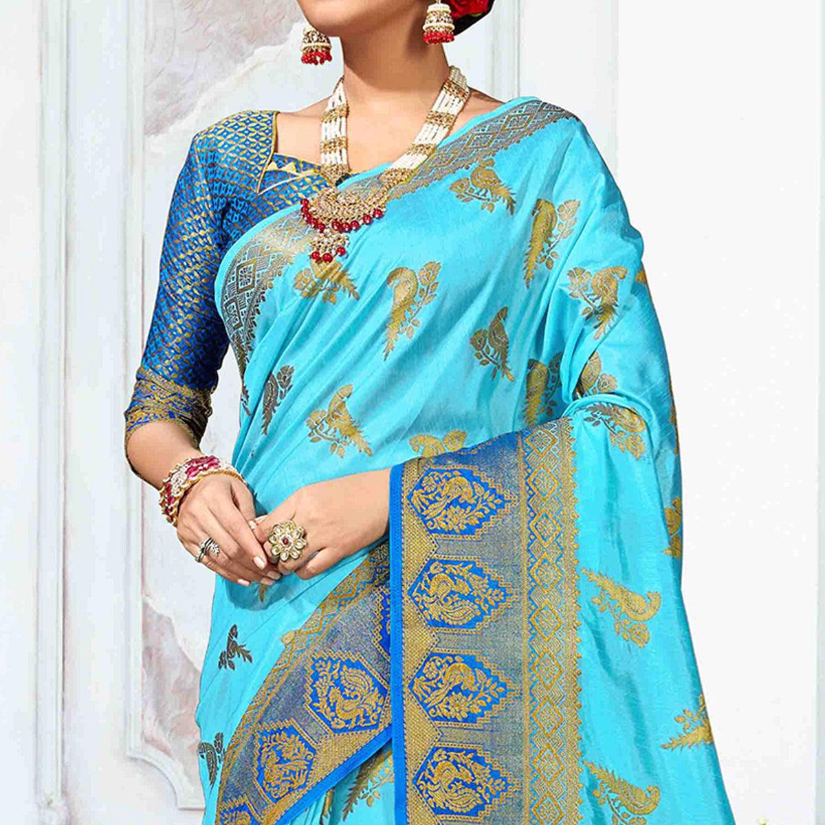 Ethnic Sky Blue Colored Festive Wear Woven Nylon Silk Saree