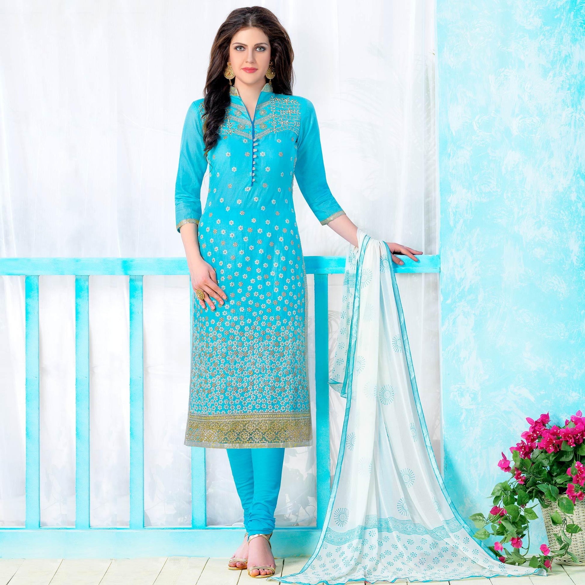 Ethnic Sky Blue Colored Party Wear Embroidered Cotton Dress Material
