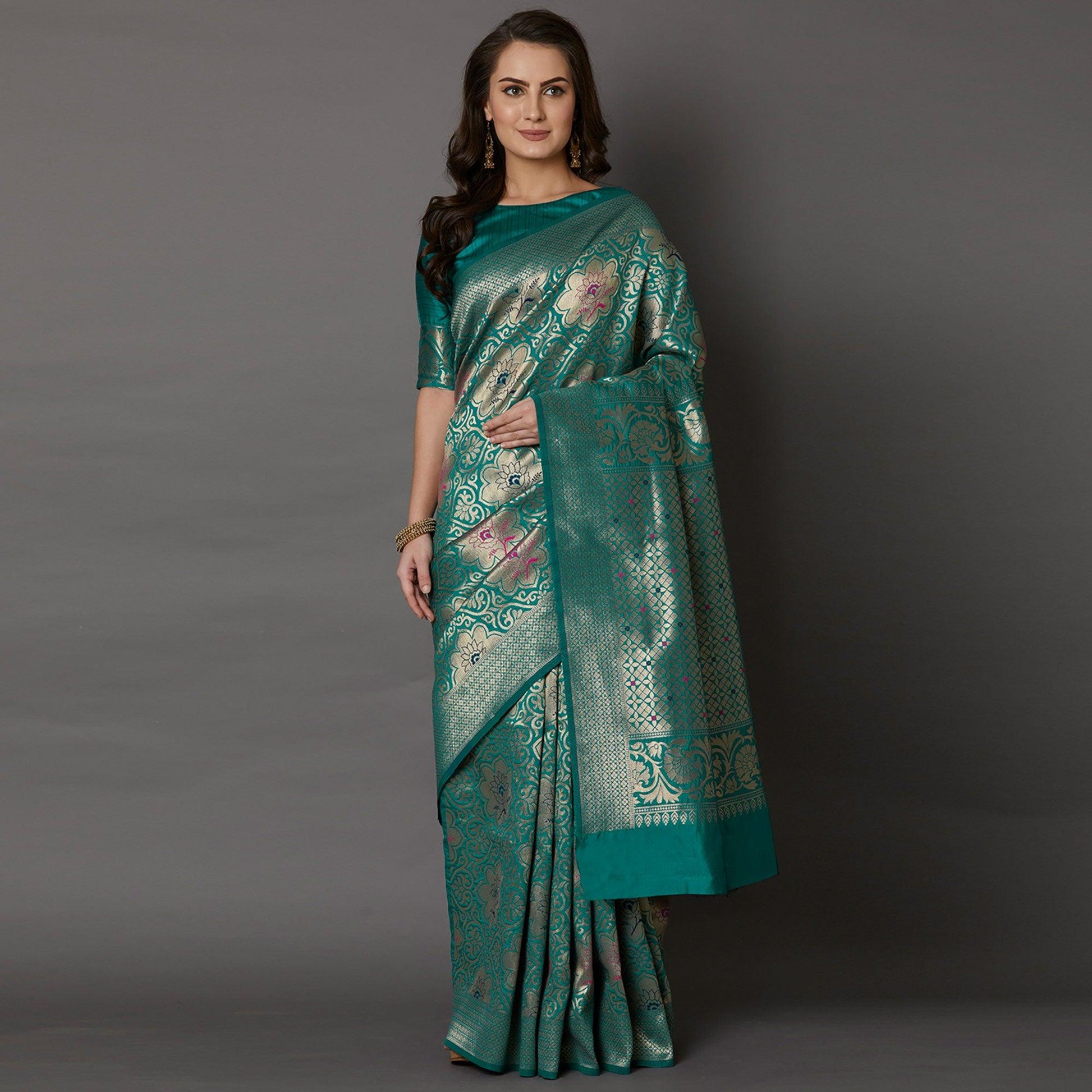 Ethnic Teal Green Colored Festive Wear Woven Silk Saree