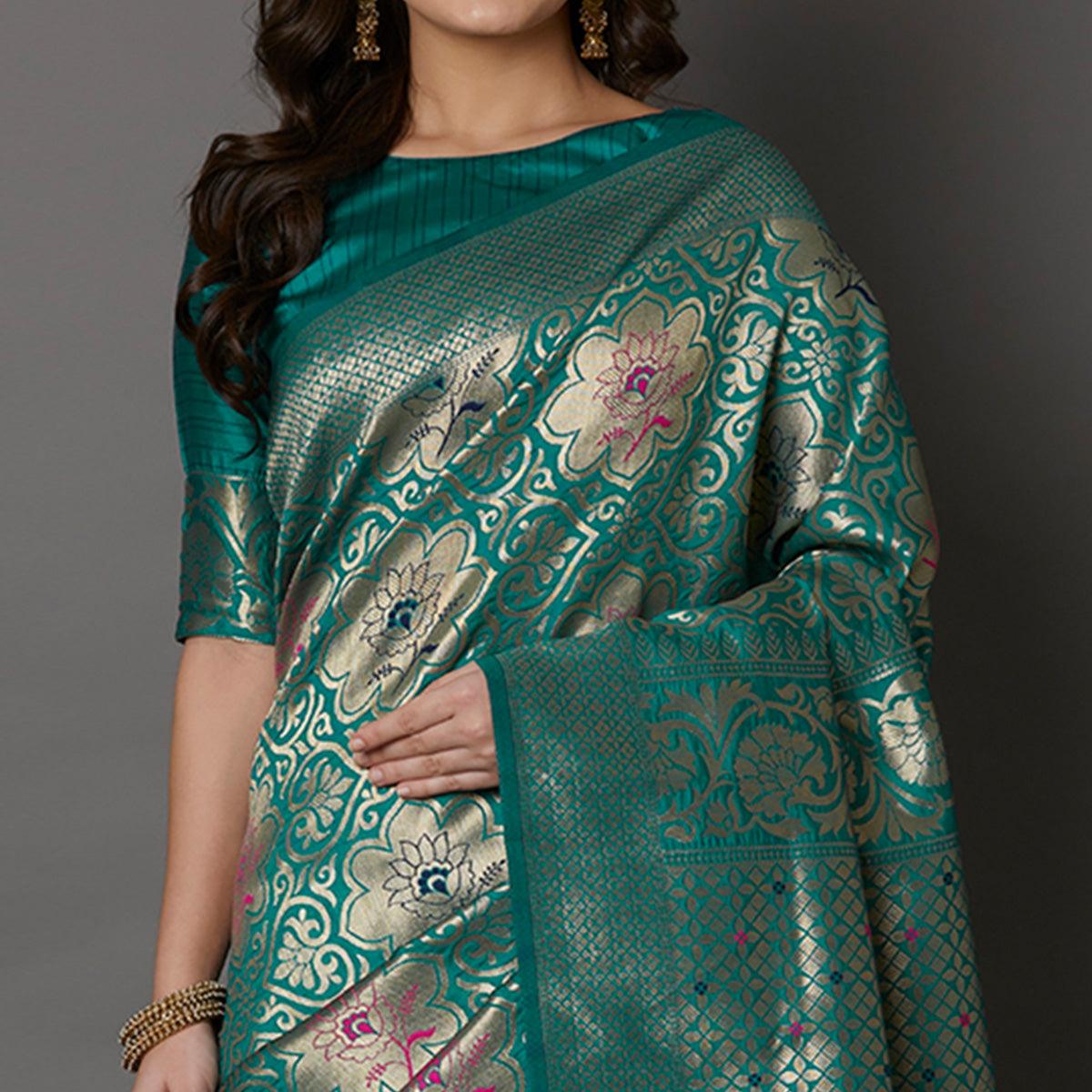 Ethnic Teal Green Colored Festive Wear Woven Silk Saree