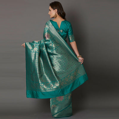 Ethnic Teal Green Colored Festive Wear Woven Silk Saree
