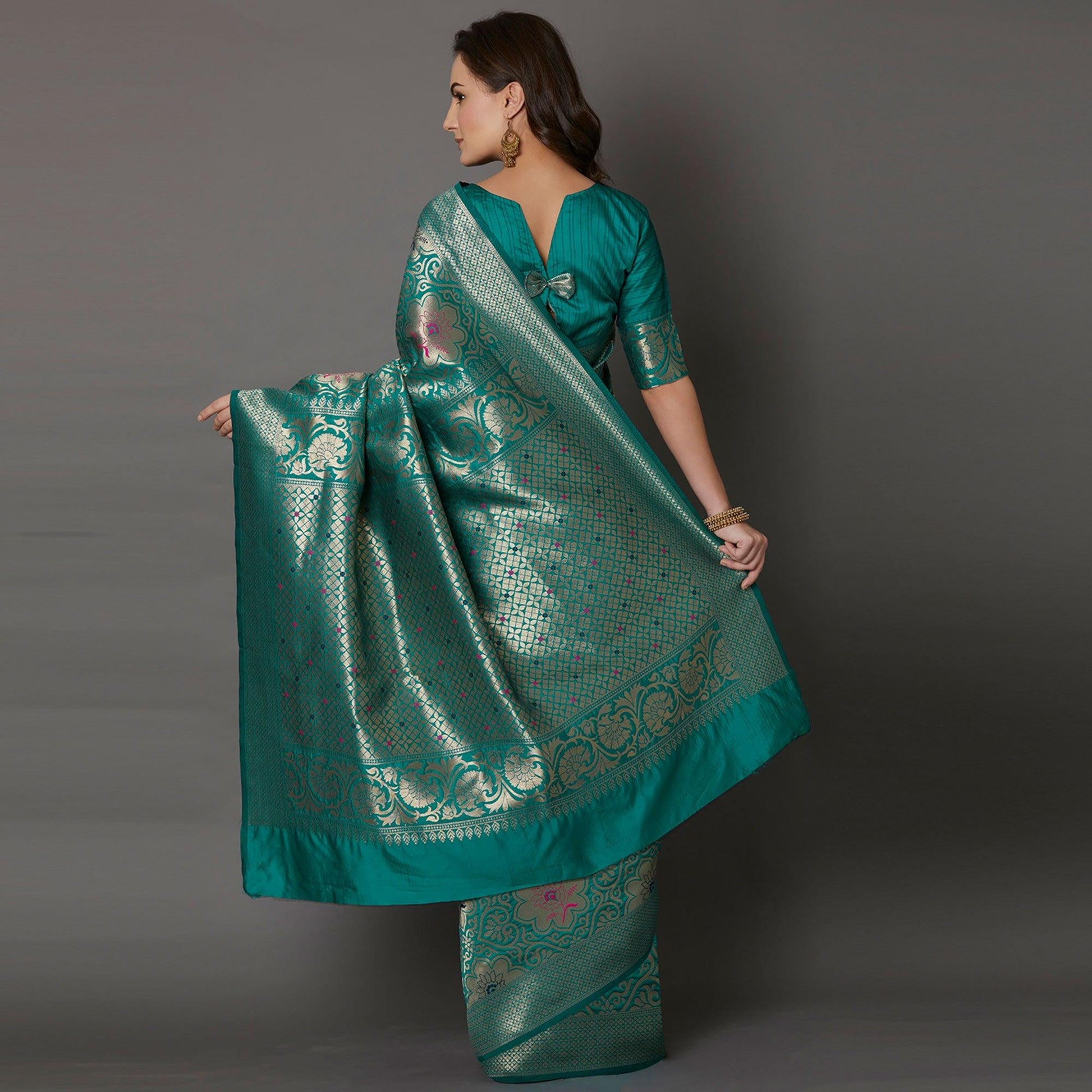 Ethnic Teal Green Colored Festive Wear Woven Silk Saree