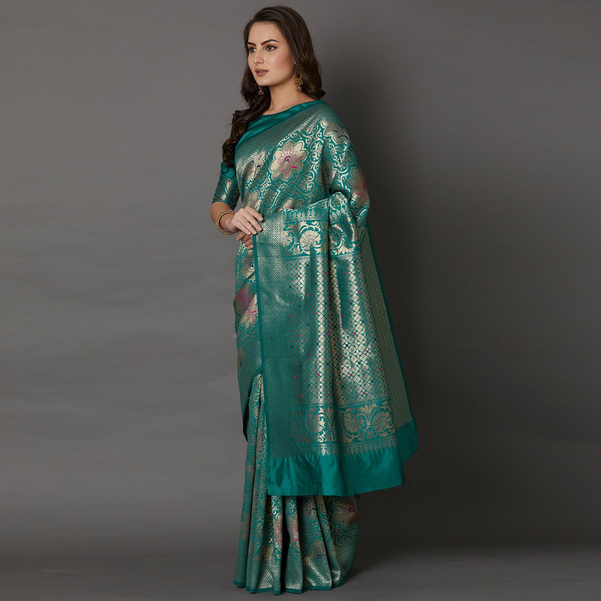Ethnic Teal Green Colored Festive Wear Woven Silk Saree