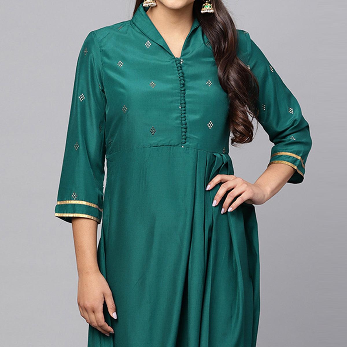 Ethnic Teal Green Colored Partywear Cotton kurti