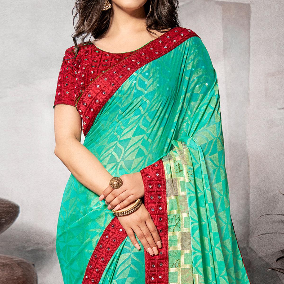 Ethnic Turquoise Blue Colored Partywear Embroidered Chiffon Brasso Saree