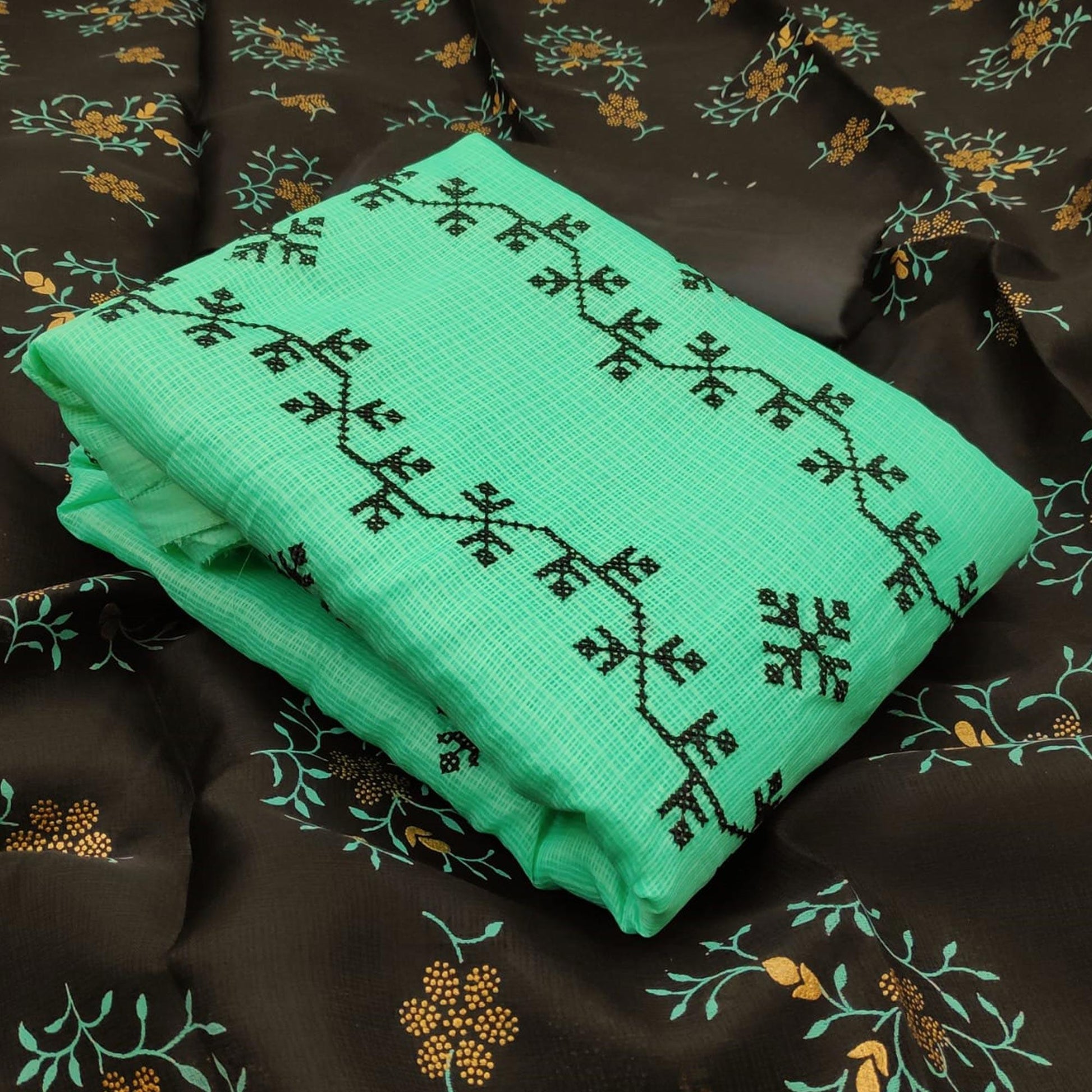Ethnic Turquoise Green Colored Casual Wear Embroidered Kota Silk Dress Material