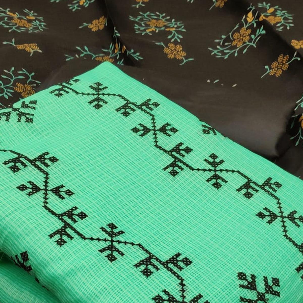 Ethnic Turquoise Green Colored Casual Wear Embroidered Kota Silk Dress Material