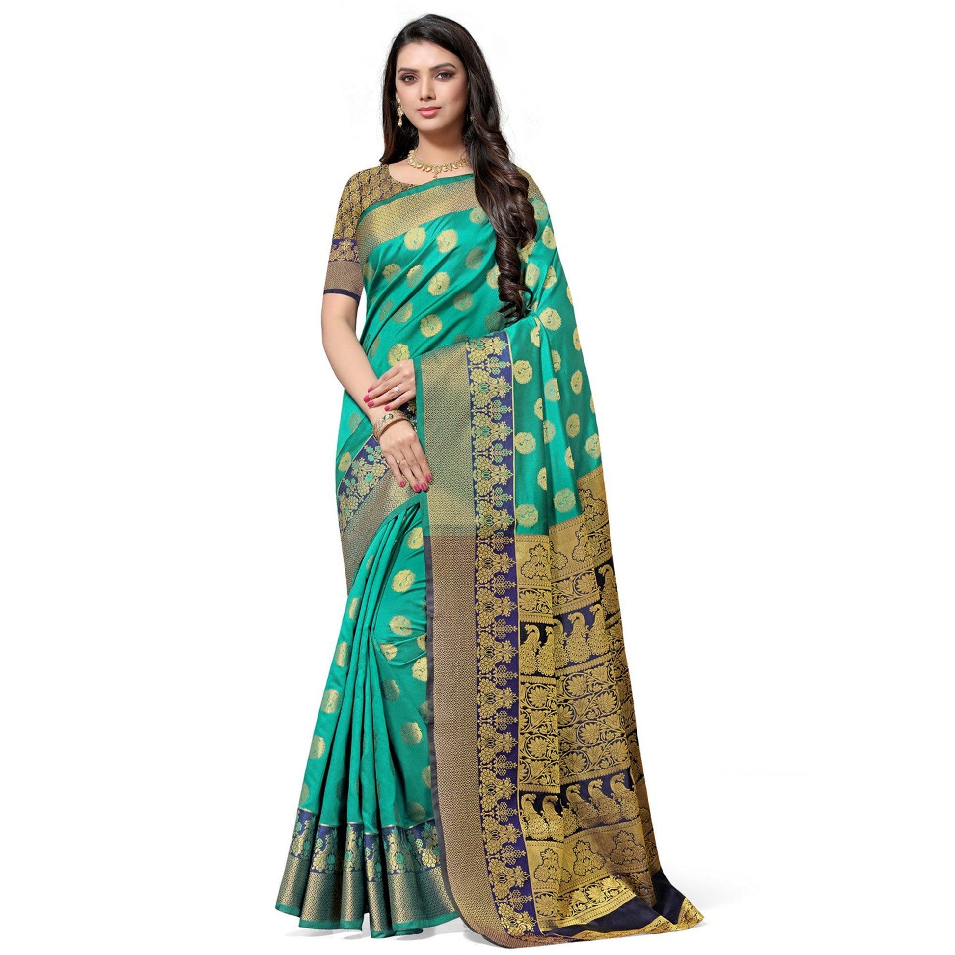Ethnic Turquoise Green Colored Festive Wear Woven Kota Art Silk Banarasi Saree