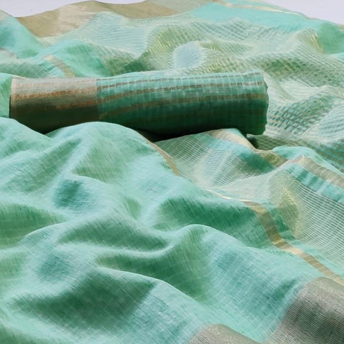 Ethnic Turquoise Green Colored Festive Wear Woven Linen Saree