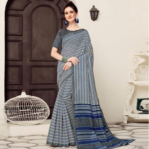 Ethnic White-Navy Blue Colored Casual Printed Bhagalpuri Silk Saree