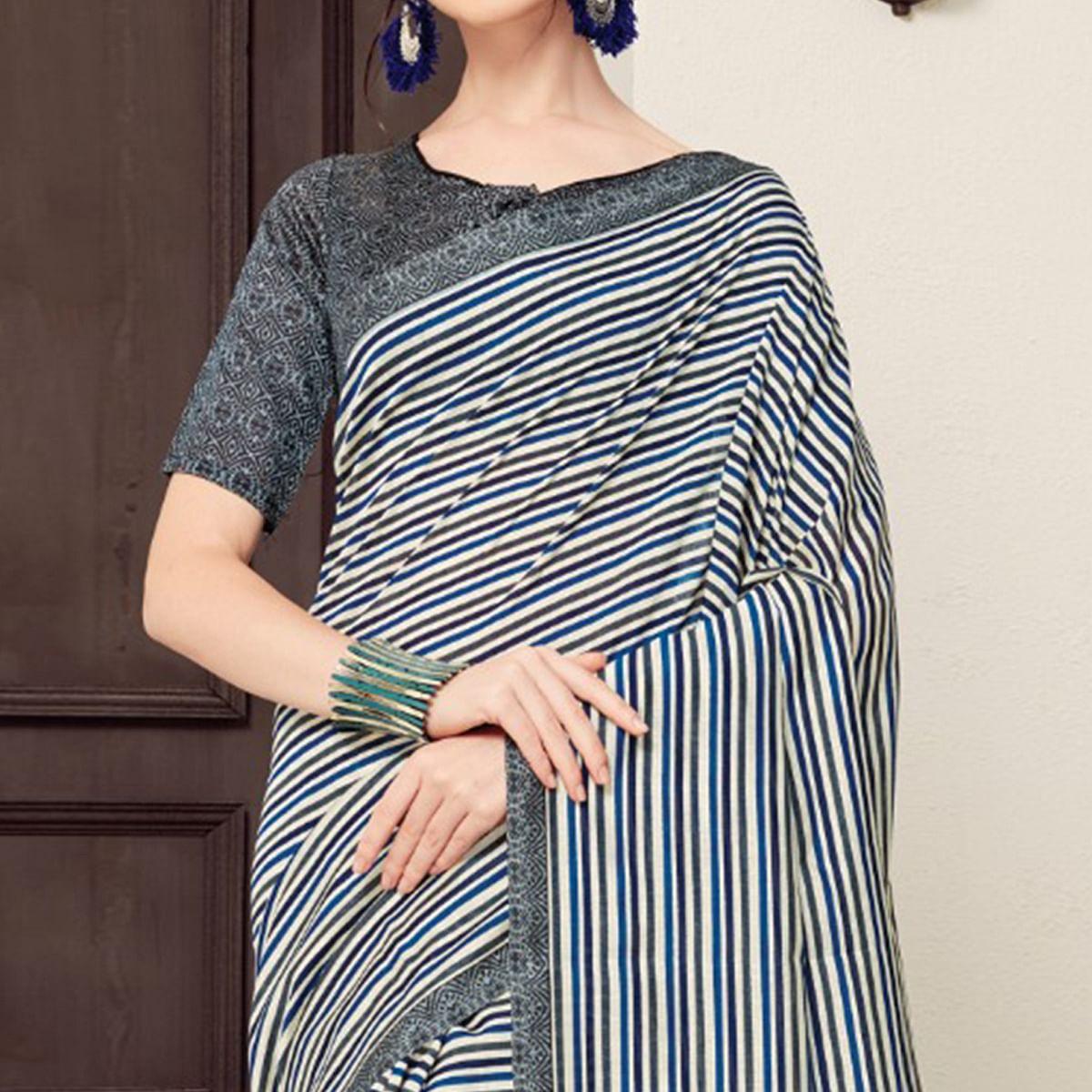 Ethnic White-Navy Blue Colored Casual Printed Bhagalpuri Silk Saree