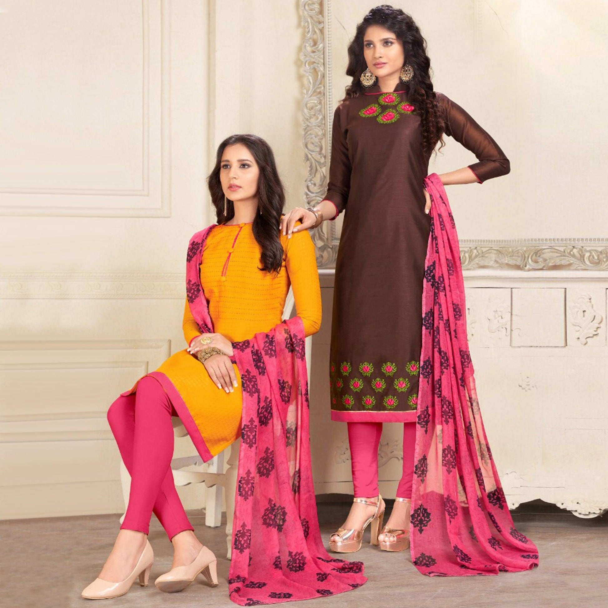 Ethnic Yellow And Dark Brown Colored Dual Top Chanderi - Cotton Dress Material