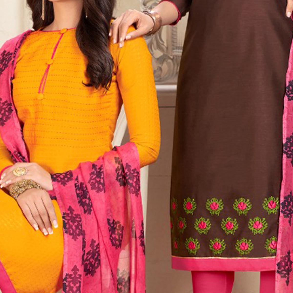 Ethnic Yellow And Dark Brown Colored Dual Top Chanderi - Cotton Dress Material