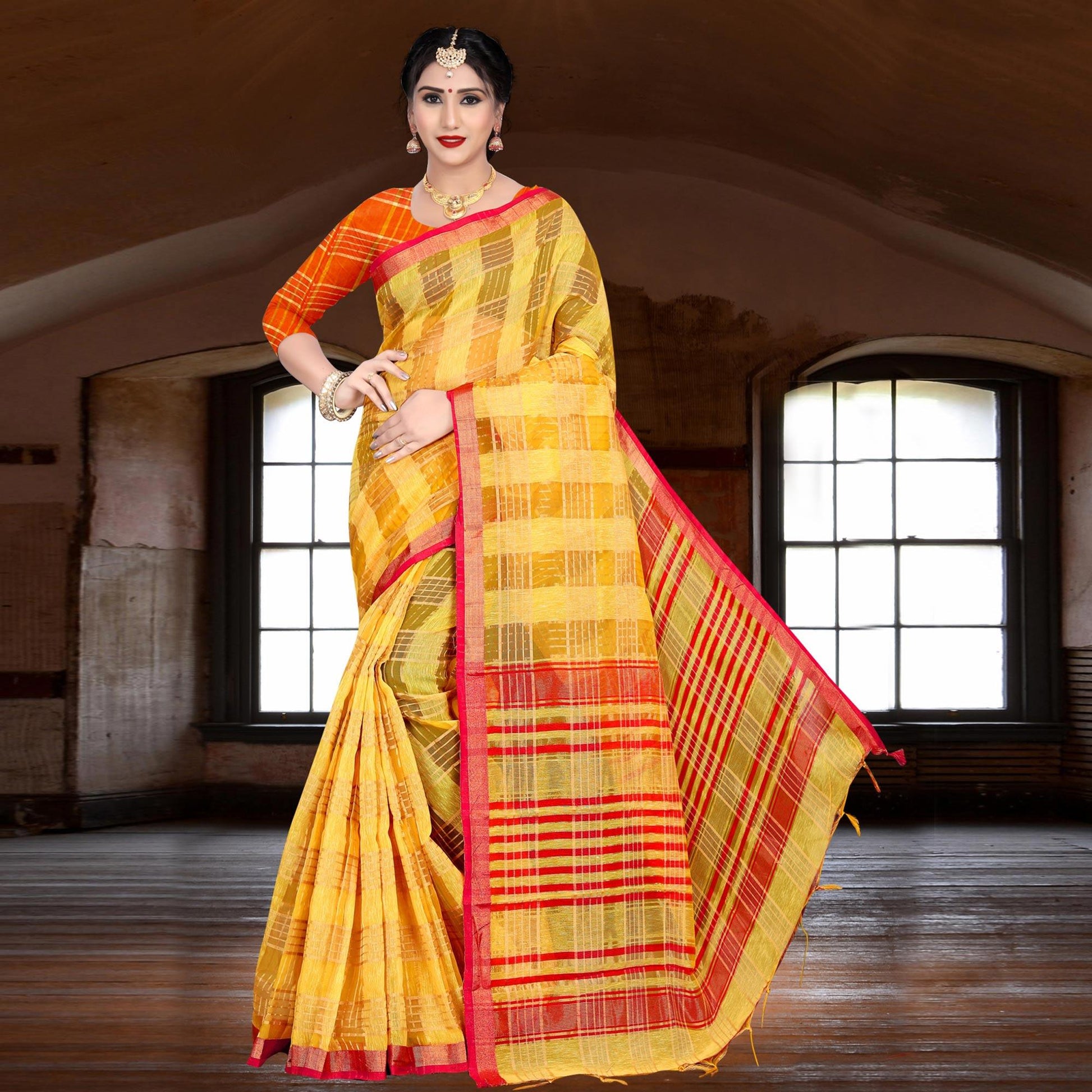 Ethnic Yellow Colored Festive Wear Woven Linen Saree