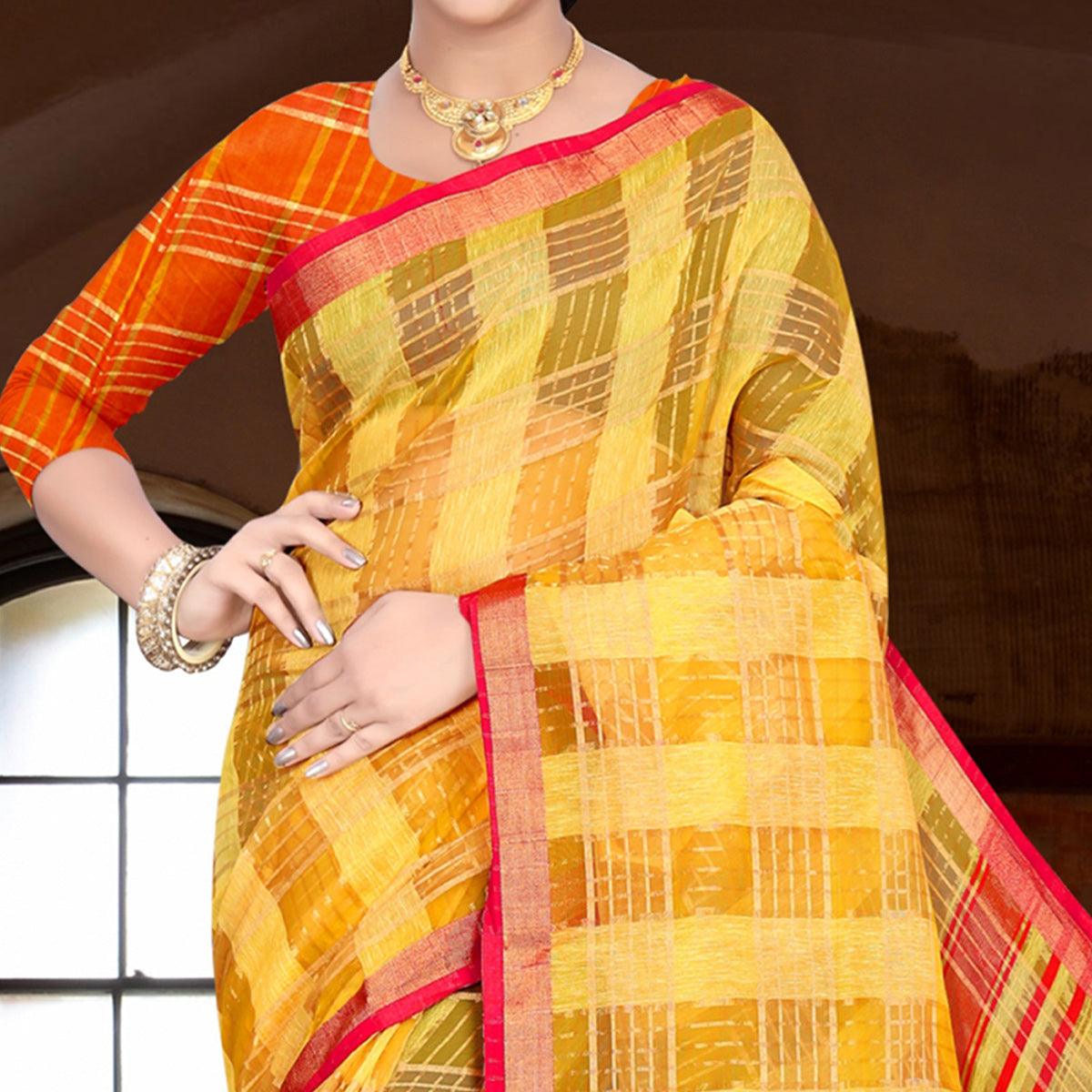 Ethnic Yellow Colored Festive Wear Woven Linen Saree