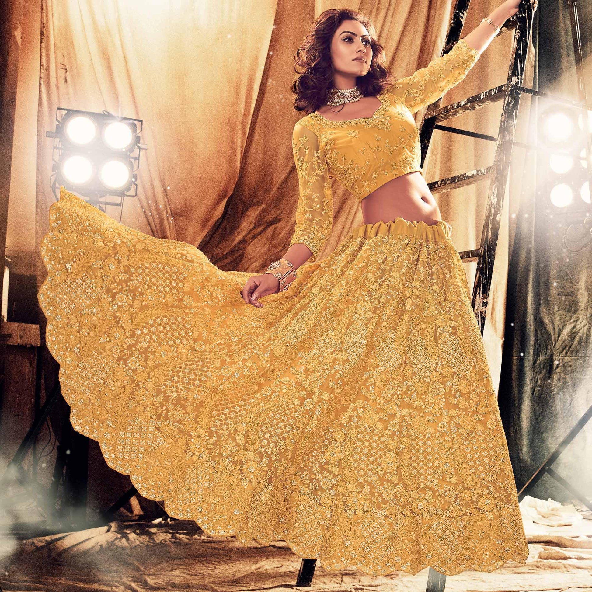 Ethnic Yellow Colored Wedding Wear Embroidered Net Lehenga Choli