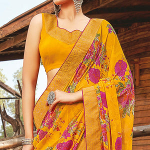 Ethnic Yellow Coloured Partywear Pure Georgette Floral Printed Saree With Fancy Lace Border