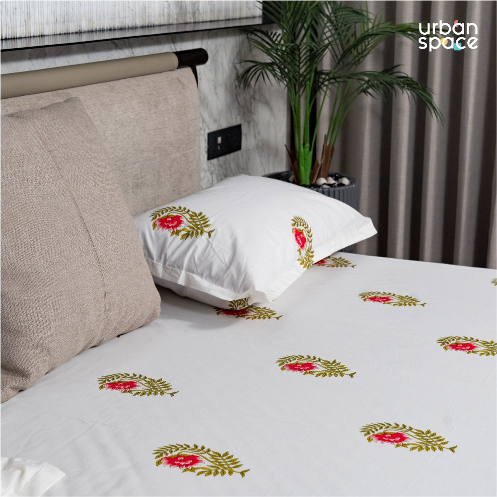 Regal Collection - Breathable 200 TC 100% Pure Cotton Single Bedsheet with Pillow Cover, Ethnic Motif- Pink