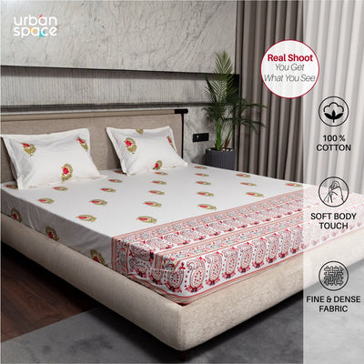 Fitted King Size Cotton Bedsheet - Ethnic Motif- Pink