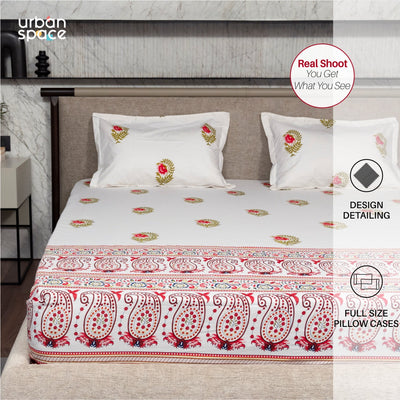 Regal Collection - Breathable 200 TC 100% Pure Cotton Bedsheet with Pillow Cover, Ethnic Motif- Pink