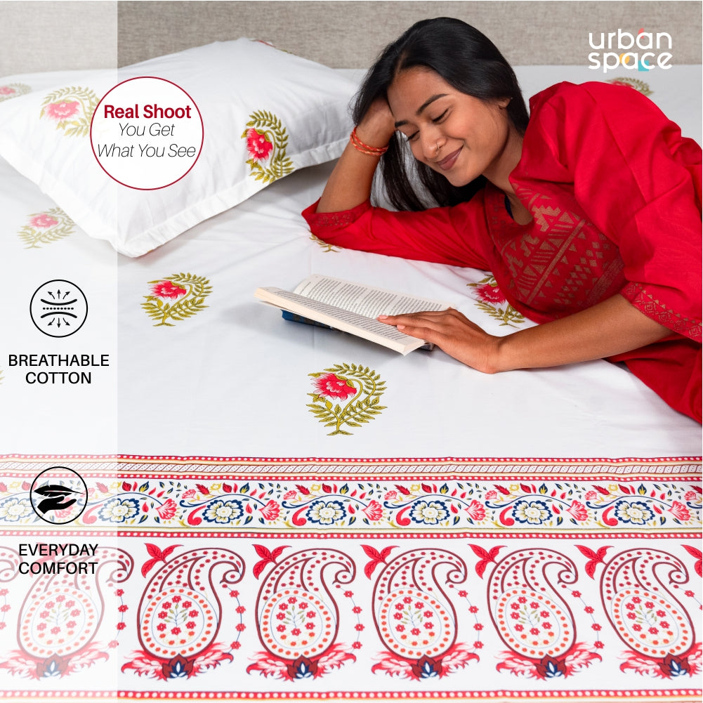 Regal Collection - Breathable 200 TC 100% Pure Cotton Single Bedsheet with Pillow Cover, Ethnic Motif- Pink