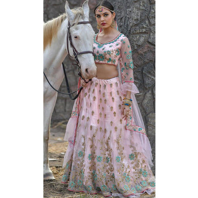Excellent Baby Pink Colored Party Wear Embroidered Net Lehenga Choli