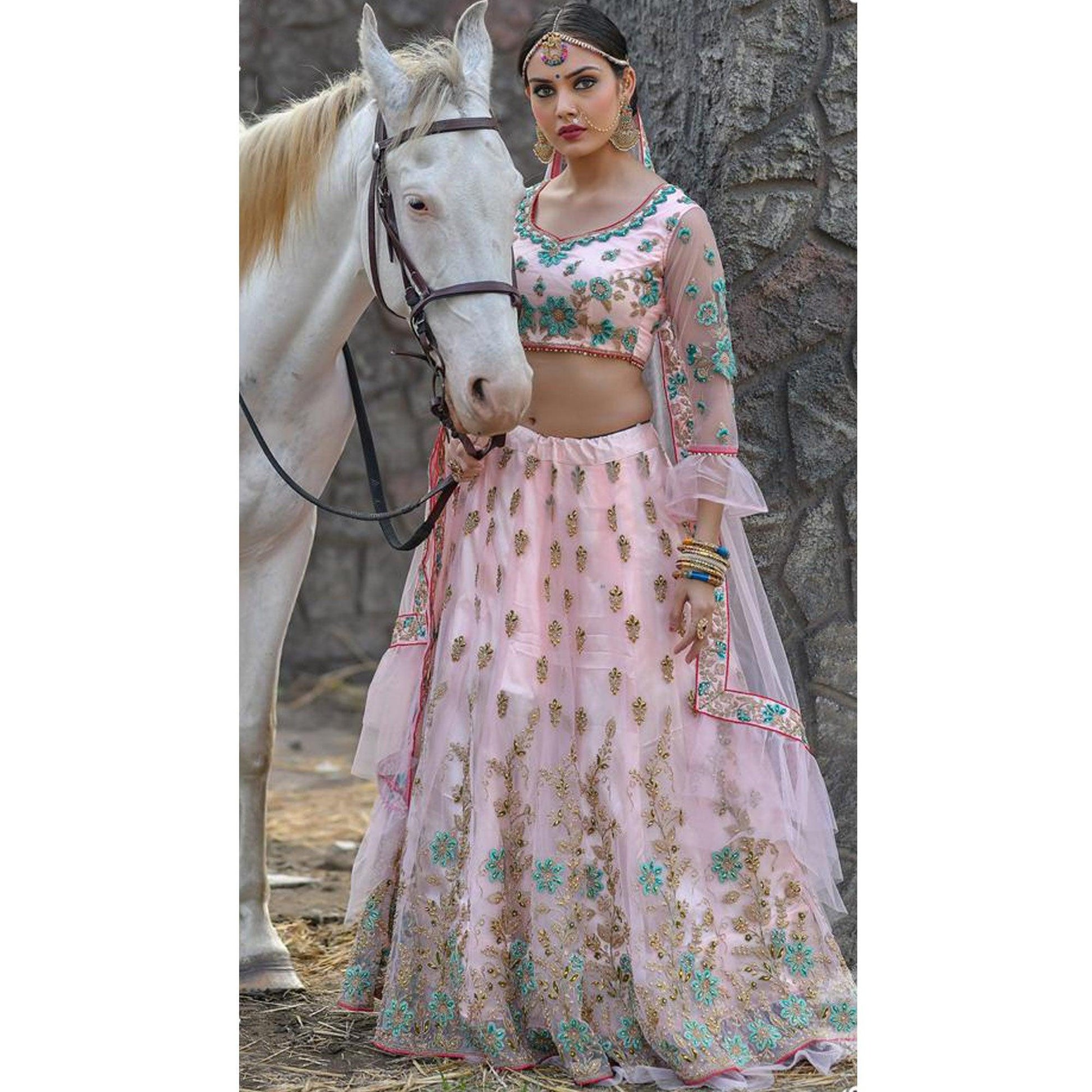 Excellent Baby Pink Colored Party Wear Embroidered Net Lehenga Choli