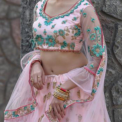 Excellent Baby Pink Colored Party Wear Embroidered Net Lehenga Choli