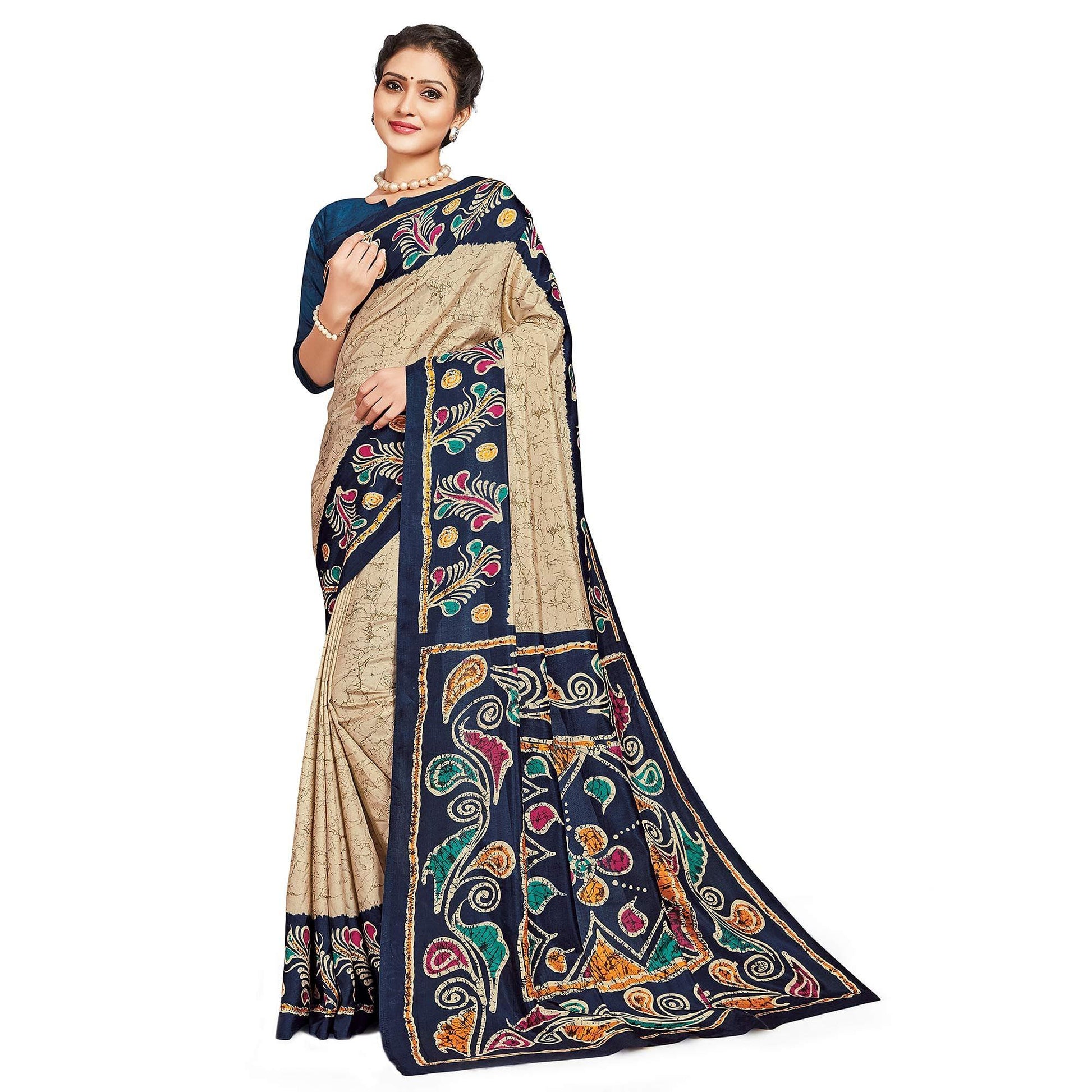 Excellent Beige-Blue Colored Casual Printed Tussar Silk Saree