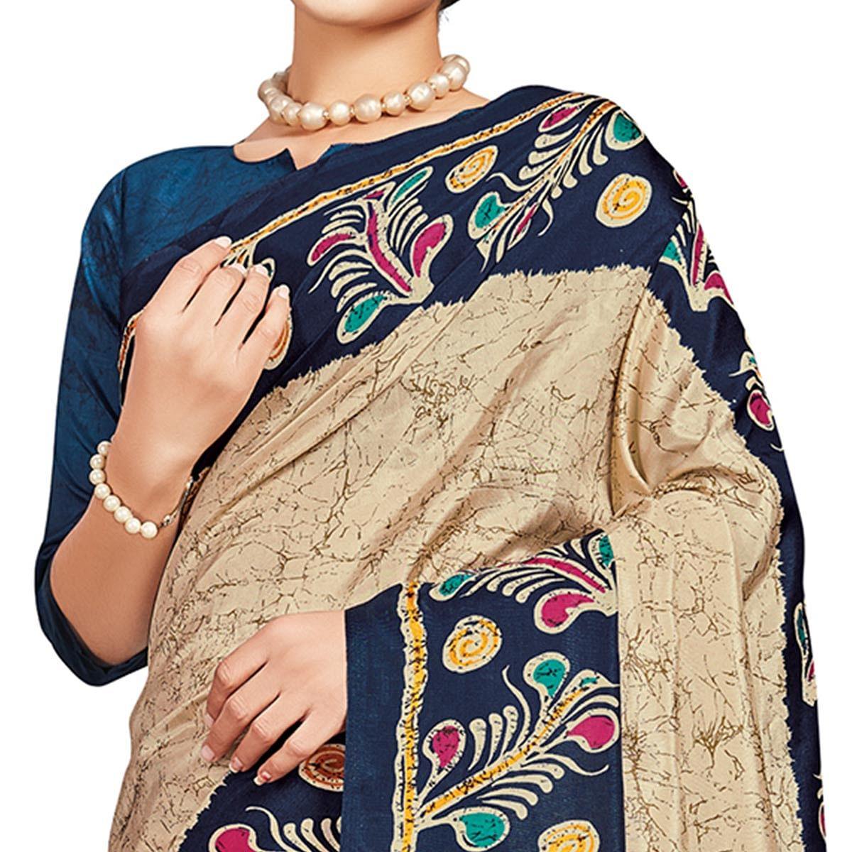 Excellent Beige-Blue Colored Casual Printed Tussar Silk Saree
