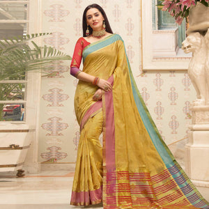 Excellent Beige Colored Festive Wear Woven Cotton Handloom Saree