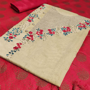 Excellent Beige-Red Colored Casual Embroidered Modal Silk Dress Material