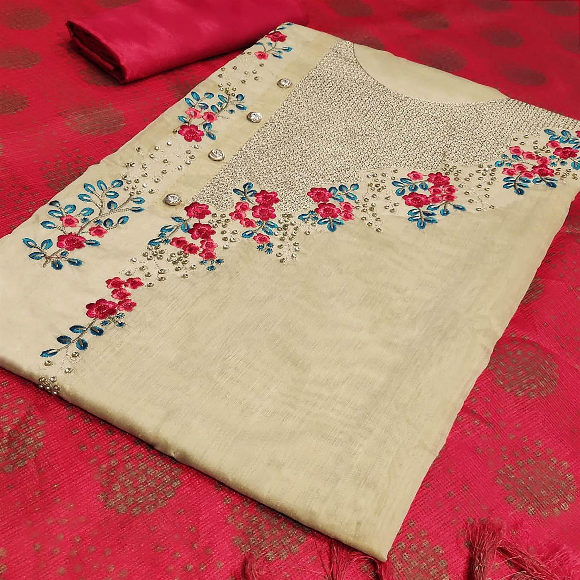 Excellent Beige-Red Colored Casual Embroidered Modal Silk Dress Material