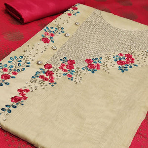 Excellent Beige-Red Colored Casual Embroidered Modal Silk Dress Material