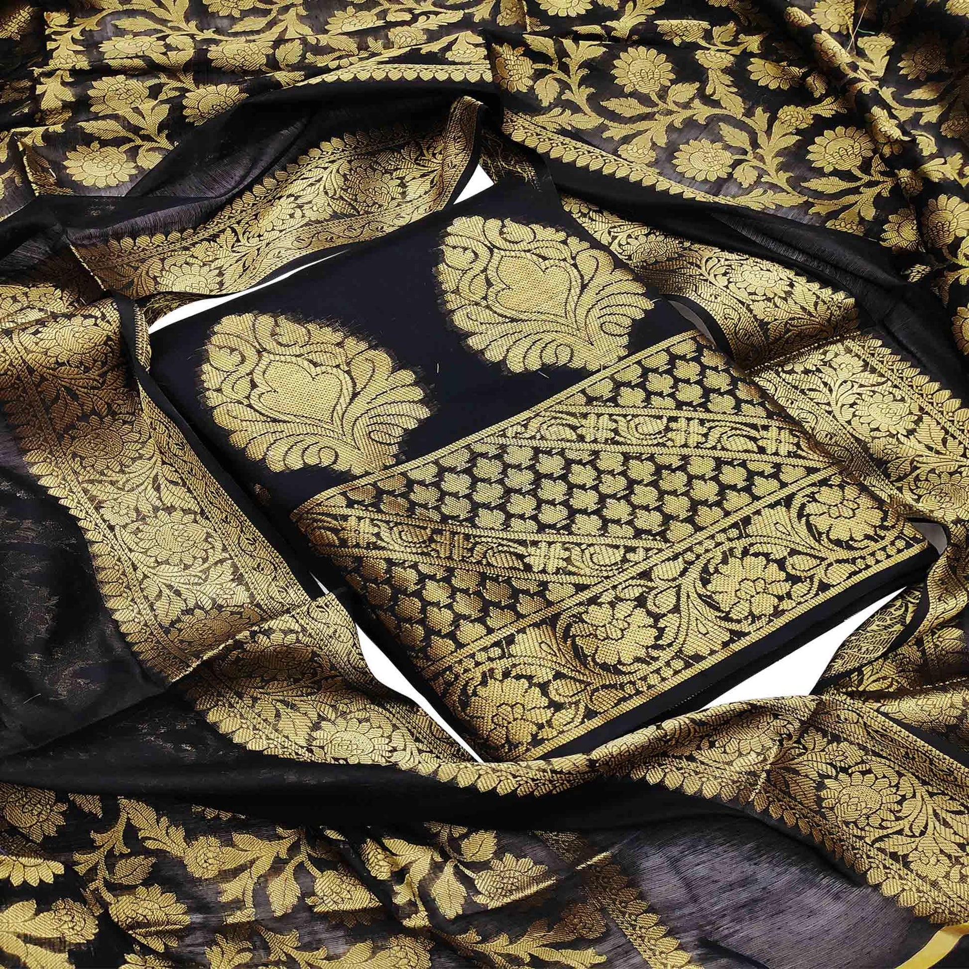 Excellent Black Colored Festive Wear Woven Banarasi Silk Dress Material