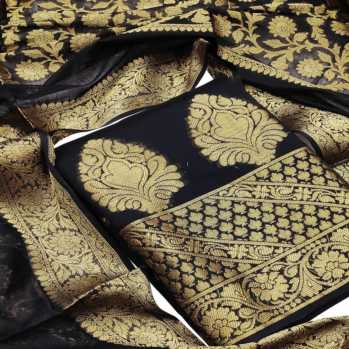Excellent Black Colored Festive Wear Woven Banarasi Silk Dress Material
