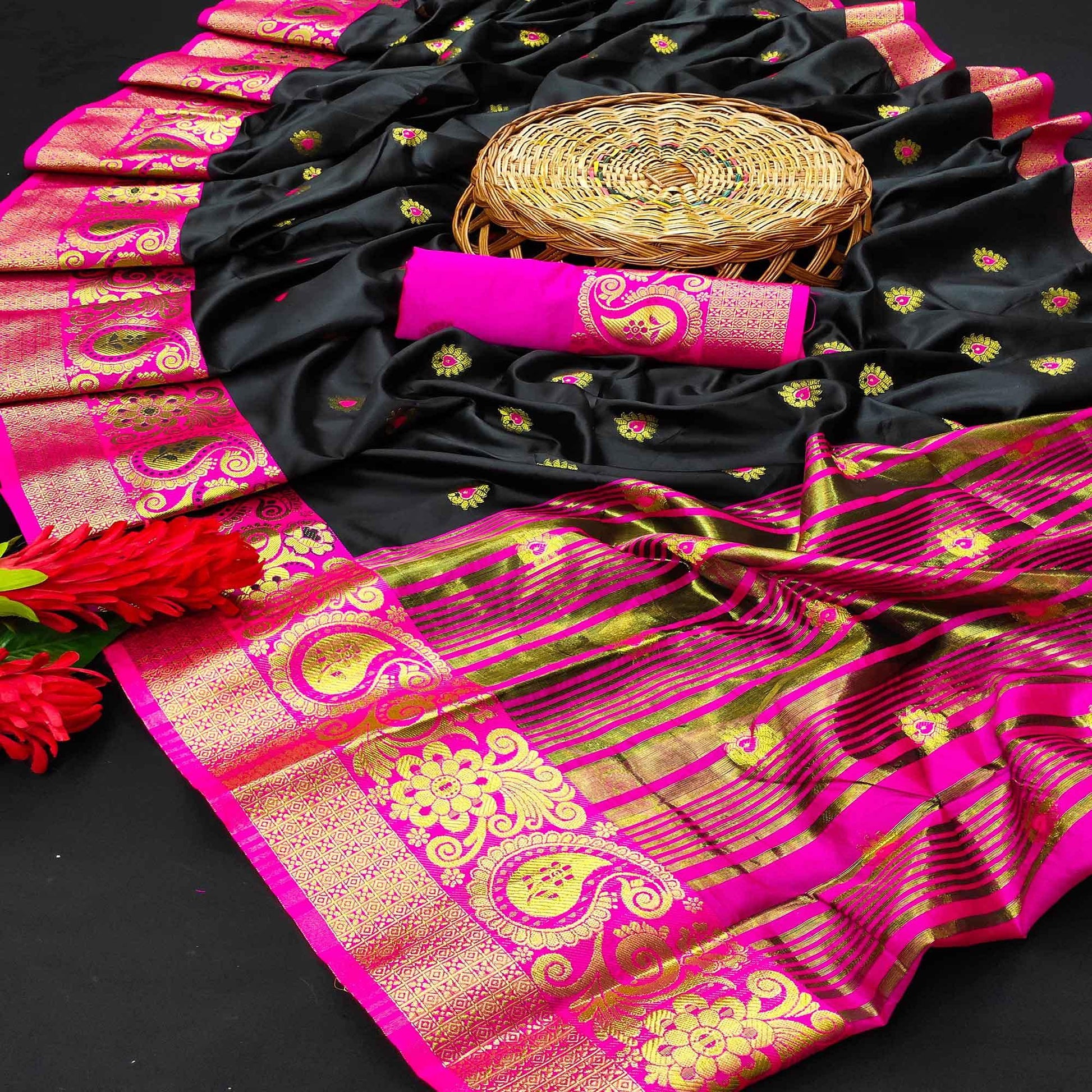 Excellent Black Colored Festive Wear Woven Kanjivaram Silk Saree