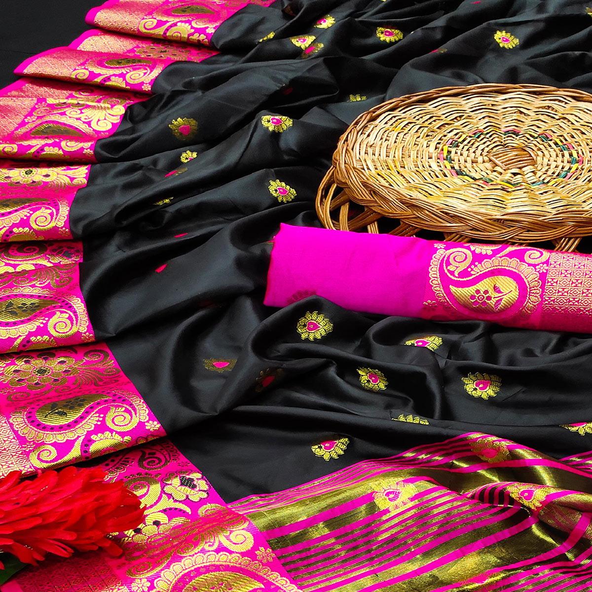 Excellent Black Colored Festive Wear Woven Kanjivaram Silk Saree
